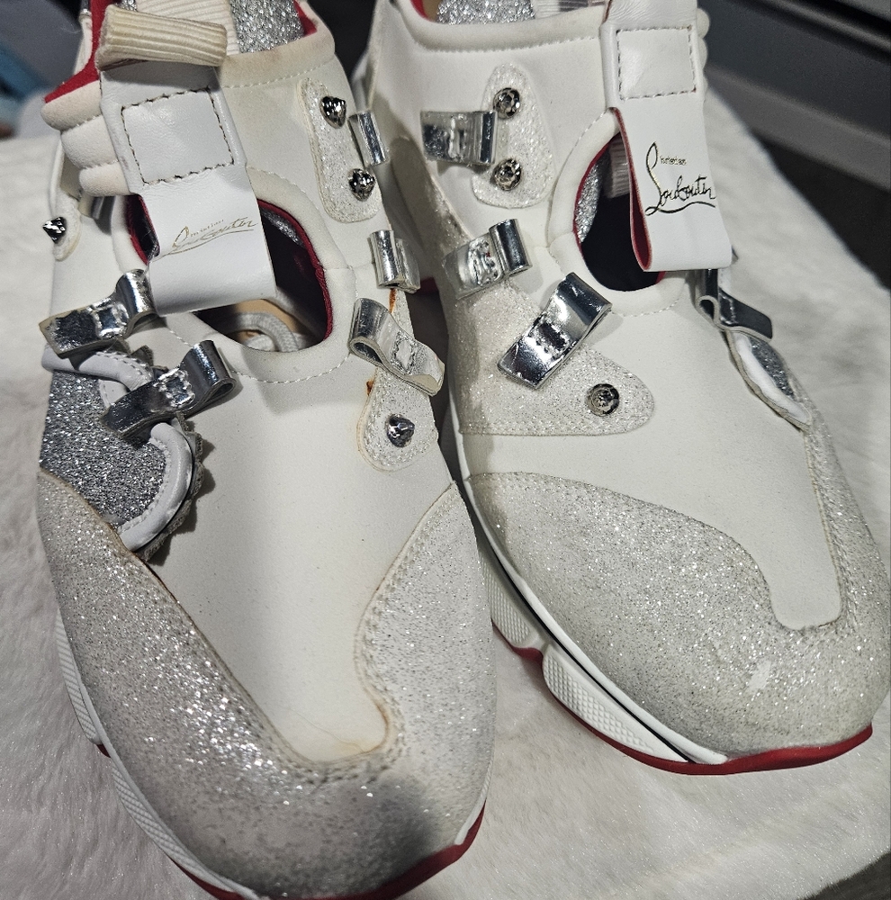 Christian Louboutin Glitter White and Silver Sneakers Size 5.5
